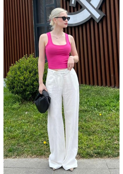 Ekru Kemerli Bol Paça Pantolon MG1992 modelleri