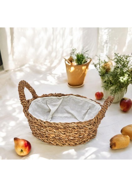 El Yapımı Hasır Kulplu Çok Amaçlı Dekoratif Yuvarlak Sepet, Hasır Kulplu Ekmek Sepeti (27X8CM)