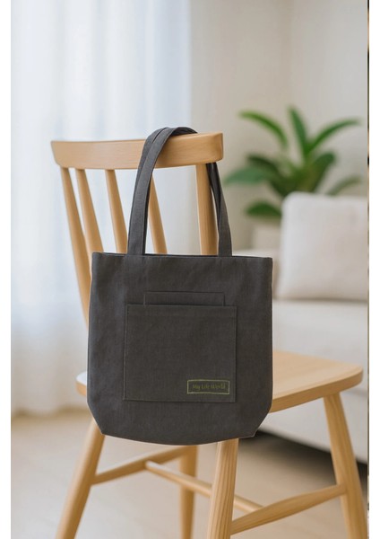 Çok Amaçlı Premium Tek Çıtlı Life Baskılı Gri Orta Boy Kanvas El ve Omuz Çantası