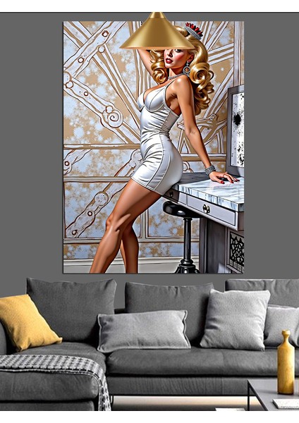 Işıltılı Beyaz Elbisesiyle Zarif Ayakta Duran Kadın Dekoratif Kanvas - Mdf Ahşap Tablo fırsatları