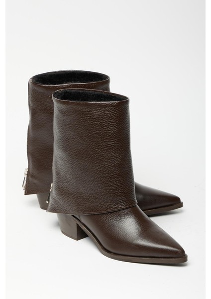 Kahverengi Kadın Fermuarlı Sivri Burun Kalın Topuklu Kışlık Bot