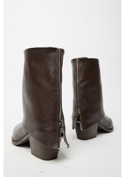 Kahverengi Kadın Fermuarlı Sivri Burun Kalın Topuklu Kışlık Bot indirimleri