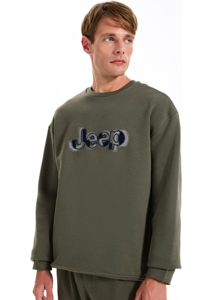 Bisiklet Yaka Baskılı Haki Erkek Sweatshırt J5WM-SWT7305