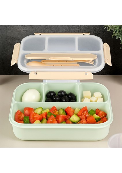 Sızdırmaz Contalı Yemek Kabı - 4 Bölmeli Çatal Kaşıklı Diyet Beslenme Kutusu Lunch Box Yeşil