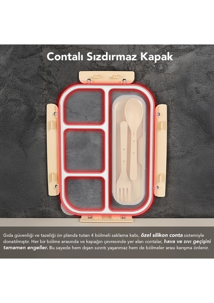 Sızdırmaz Contalı Yemek Kabı - 4 Bölmeli Çatal Kaşıklı Diyet Beslenme Kutusu Lunch Box Yeşil fiyatları