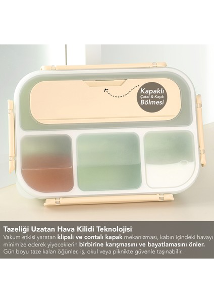 Sızdırmaz Contalı Yemek Kabı - 4 Bölmeli Çatal Kaşıklı Diyet Beslenme Kutusu Lunch Box Yeşil modelleri