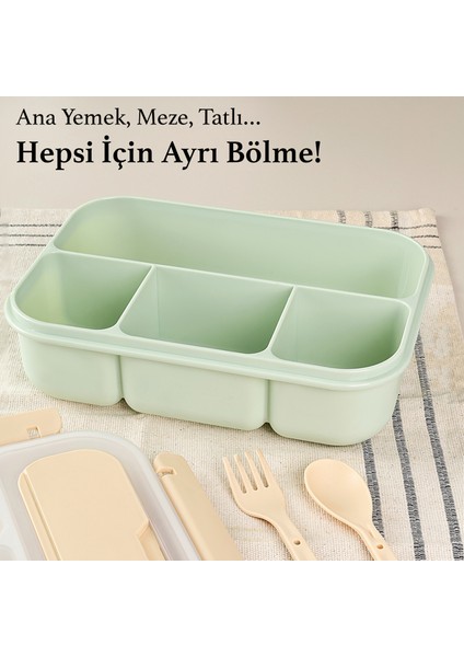 Sızdırmaz Contalı Yemek Kabı - 4 Bölmeli Çatal Kaşıklı Diyet Beslenme Kutusu Lunch Box Yeşil fırsatları