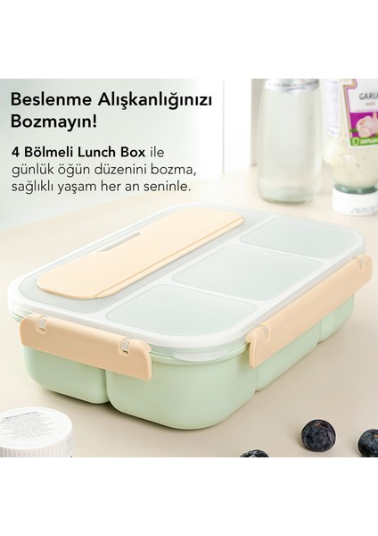 Sızdırmaz Contalı Yemek Kabı - 4 Bölmeli Çatal Kaşıklı Diyet Beslenme Kutusu Lunch Box Yeşil indirimleri