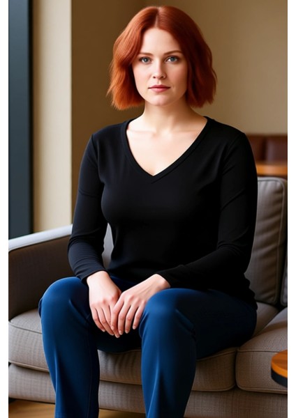 Kadın Fitted V Yaka Uzun Kollu Örme Bluz Kaliteli Şık Rahat Modern Zarif Günlük