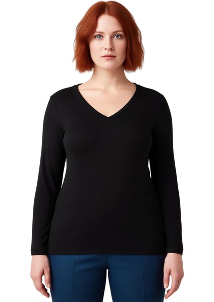 Kadın Fitted V Yaka Uzun Kollu Örme Bluz Kaliteli Şık Rahat Modern Zarif Günlük fiyatları