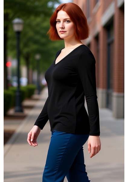 Kadın Fitted V Yaka Uzun Kollu Örme Bluz Kaliteli Şık Rahat Modern Zarif Günlük fırsatları