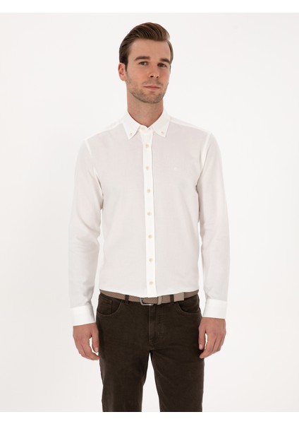 Erkek Beyaz Slim Fit %100 Pamuk Yakası Düğmeli Flanel Gömlek 50313122-VR013