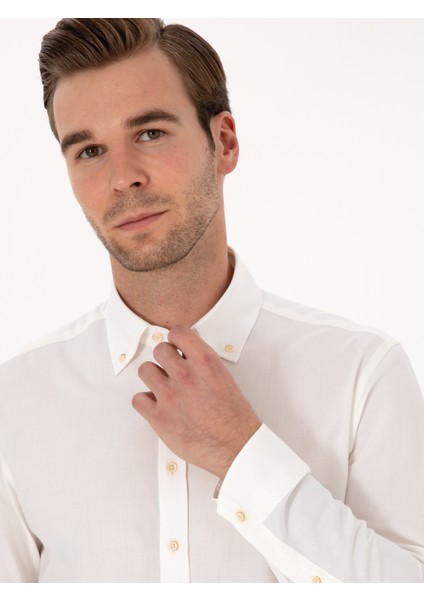 Erkek Beyaz Slim Fit %100 Pamuk Yakası Düğmeli Flanel Gömlek 50313122-VR013 fiyatları