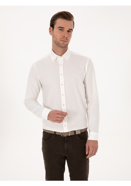 Erkek Beyaz Slim Fit %100 Pamuk Yakası Düğmeli Flanel Gömlek 50313122-VR013 modelleri
