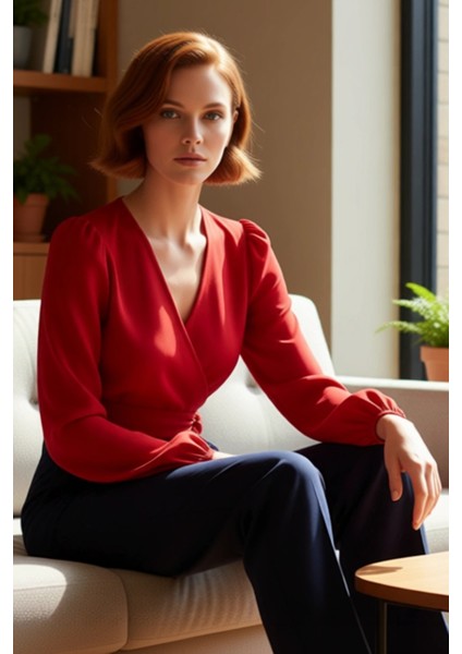 Kadın Moda Şık Üst Giyim Regular Kruvaze Yaka Balon Kol Regular Kalıp Dokuma Bağlama Detaylı Bluz