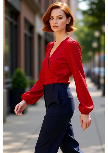 Kadın Moda Şık Üst Giyim Regular Kruvaze Yaka Balon Kol Regular Kalıp Dokuma Bağlama Detaylı Bluz fırsatları