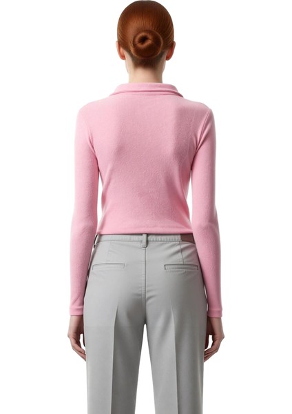 Kadın Şık Crop Gömlek Yaka Slim Kalıp Örme Vücuda Oturan Polo Yaka Fitilli Esnek Bluz modelleri