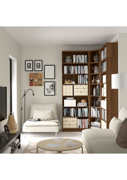 Köşe kitaplık, kahverengi ceviz görünüm, 136/136x28x237 cm modelleri