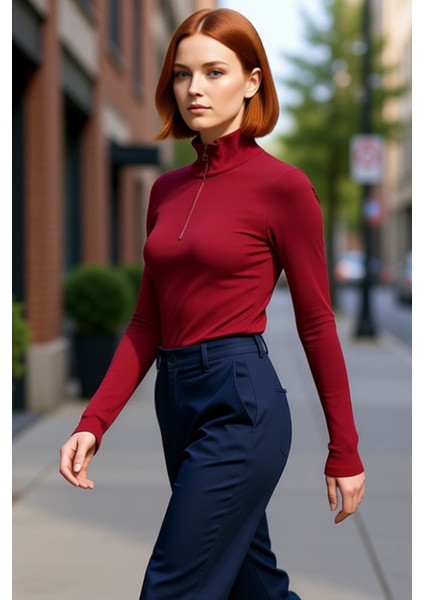 Kadın Fitted Vücuda Oturan Dik Yaka Fermuarlı Uzun Kol Esnek Örme Bluz Modern Cool & Comfort Tarzı