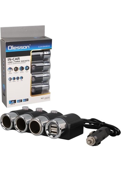 1508 12-24V Çift USB Girişli 120W 80CM Kablolu 3'lü Araç Çakmak Çoklayıcı