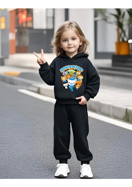 Punıx Kıds Yüksek Kalite Octonauts Baskılı Kapüşonlu Kışlık Kalın 3 Iplik Kızçocuk Eşofman Takımı