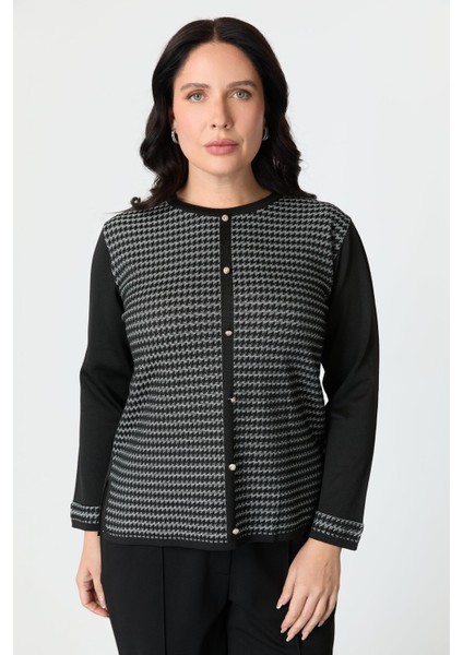 Büyük Beden Kazayağı Desenli Triko Hırka-Siyah