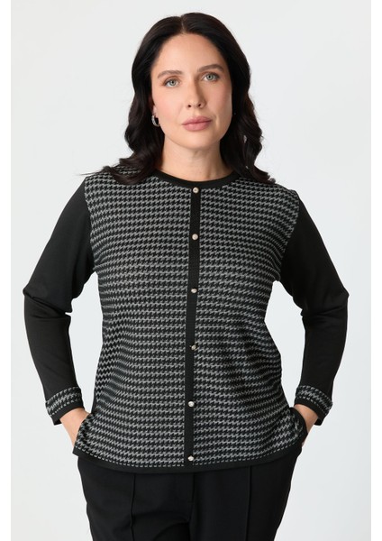 Büyük Beden Kazayağı Desenli Triko Hırka-Siyah fiyatları