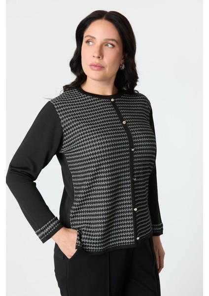 Büyük Beden Kazayağı Desenli Triko Hırka-Siyah modelleri