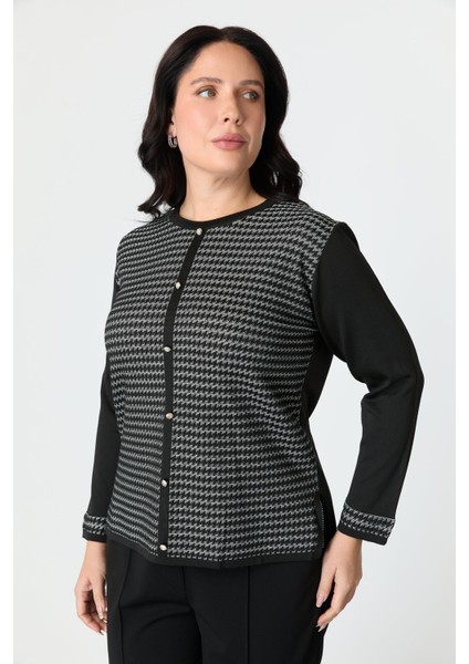 Büyük Beden Kazayağı Desenli Triko Hırka-Siyah fırsatları