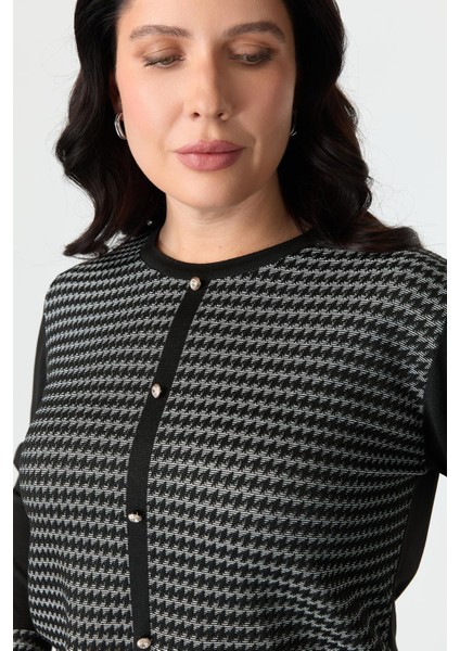 Büyük Beden Kazayağı Desenli Triko Hırka-Siyah indirimleri