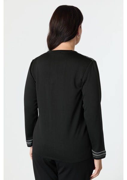 Büyük Beden Kazayağı Desenli Triko Hırka-Siyah