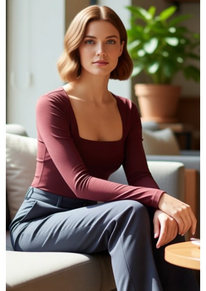 Kadın Moda Şık Üst Giyim Regular Kare Yaka Slim Kalıp Örme Büzgü Drape Detaylı Vücuda Oturan Bluz