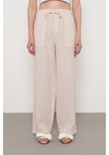 Kadın %100 Keten Cep Detaylı Bol Paça Pantolon