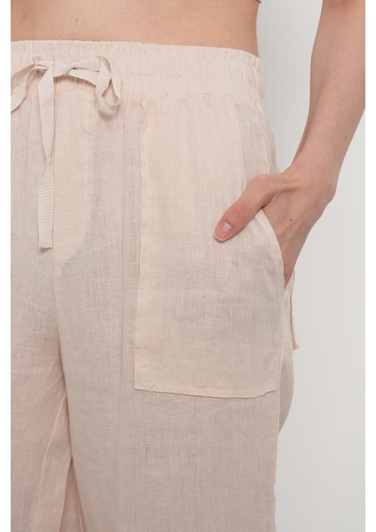 Kadın %100 Keten Cep Detaylı Bol Paça Pantolon fırsatları