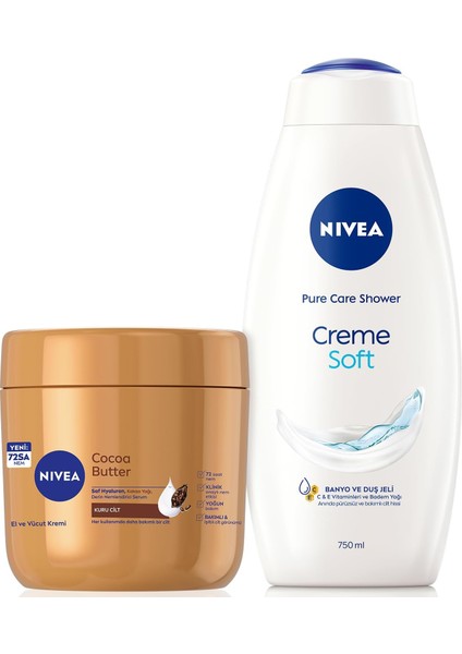 Nivea Creme Soft Kremsi Dokunuş Duş Jeli 750ML ve Cocoa Butter Nemlendirici Vücut Bakım Kremi 400ML