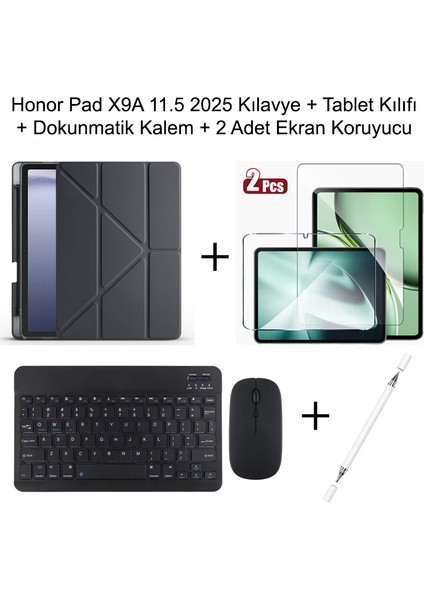 Yesnıce Honor Pad X9A 11.5 Inç 2025 Uyumlu Standlı Kılıf Dokunmatik Kalem ve Klavye Set