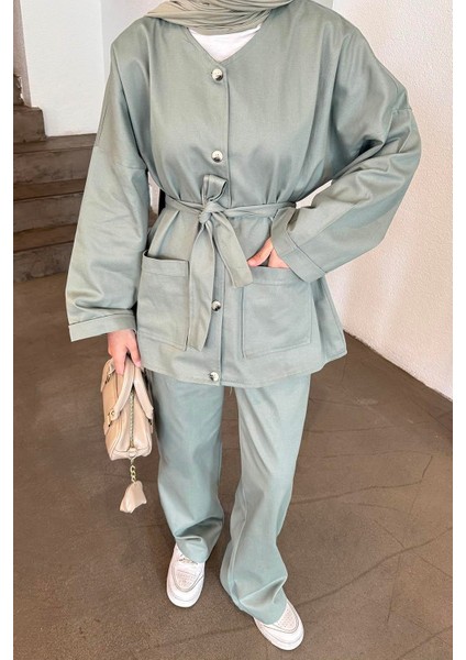 Kuşaklı Gabardin Takım Çağla Yeşili modelleri