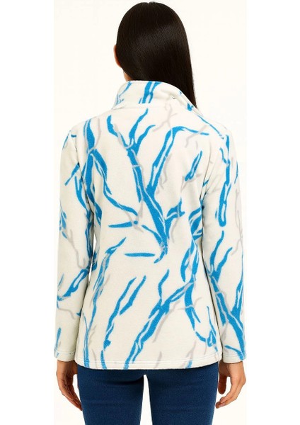 Kadın Tam Fermuarlı Desenli Polar Sweat Lightning Desen Yakalı, Uzun Kollu, Oversize Rahat Kalıp - Beyaz modelleri