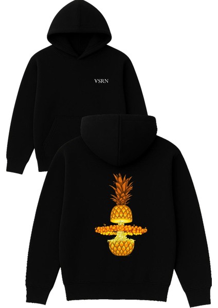 Atom Ananas Tasarım Baskılı Oversize Siyah Kapüşonlu Sweatshirt