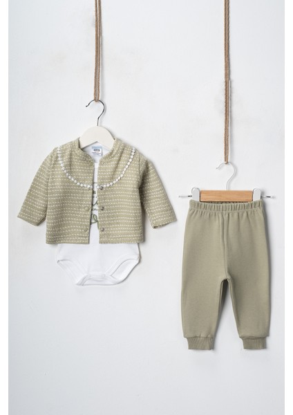 Baby Kız Bebek 3 Ay 6 Ay 9 Ay Triko Görünümlü Hırkalı Badili Altı Penye Interlok 3'lü Takım