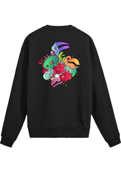 Sırt Baskılı Renkli Soyut Hayvan Tasarımlı Sweatshirt