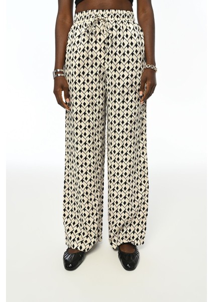 Kadın Desenli Beli Lastikli Bol Paça Pantolon