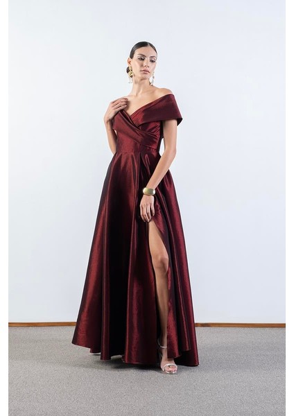 Rinetto Madonna Yaka Kloş Uzun Abiye Elbise Bordo