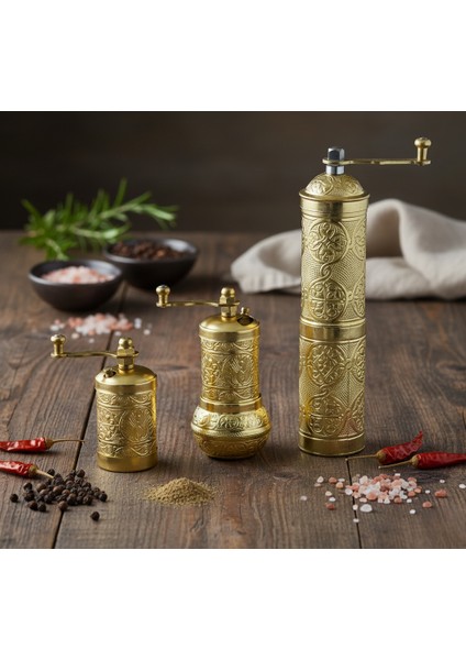 Ludıa Zamak Metal Altın Renk 3 Lü Set Karabiber,kahve,çörek Otu El Değirmeni Öğütücü Grinder S2