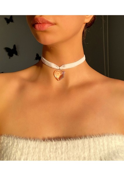 Şeffaf Büyük Kalpli Kadife Choker Kolye fiyatları