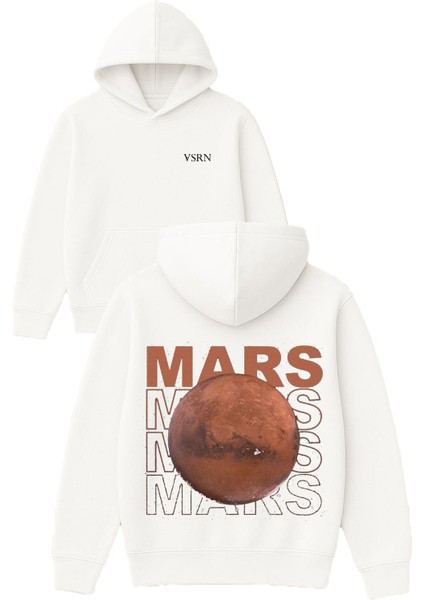 Mars Mars Tasarım Baskılı Oversize Beyaz Kapüşonlu Sweatshirt