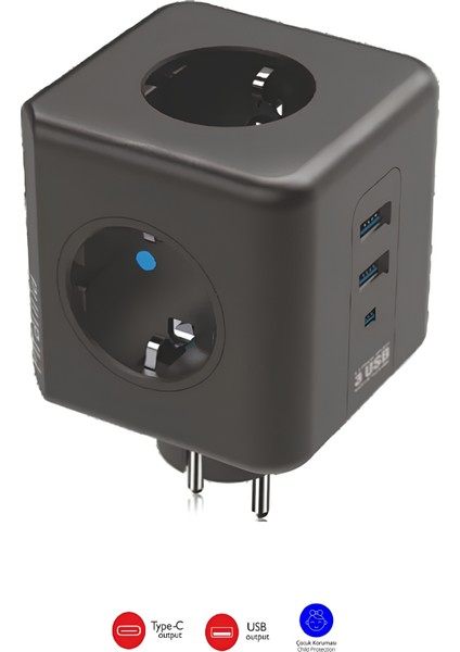Termal Akım Korumalı 3'lü Priz – 2500W | USB & Type-C 2.1A Şarj Çıkışlı | 10A Güç Koruma Ünitesi 3440