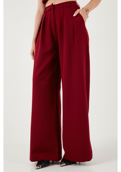 Pile Detaylı Wide Leg Yüksek Bel Geniş Paça Pantolon Bayan Pantolon 6522016 modelleri