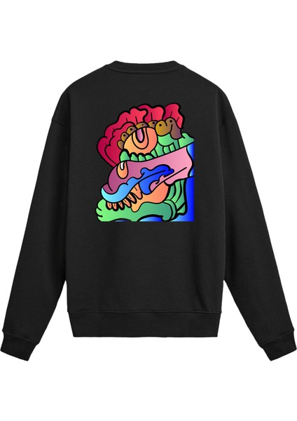 Soyut Çizimli Renkli Karikatür Baskılı Sweatshirt