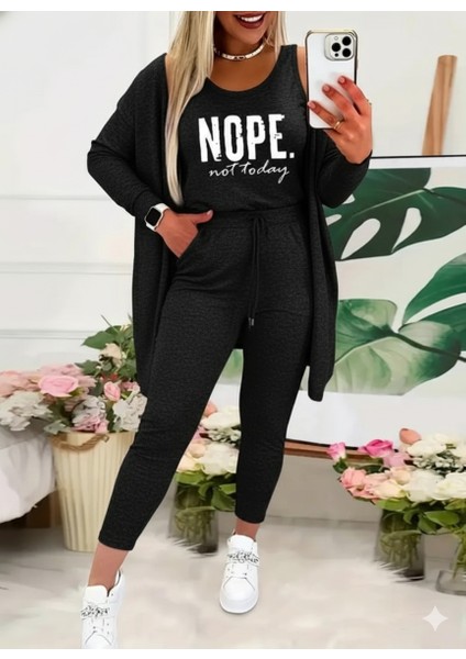 Kadın Askılı Yuvarlak Yaka Yazılı Viskon Iki Iplik Bluz Ceket ve Pantolon 3lü Takım